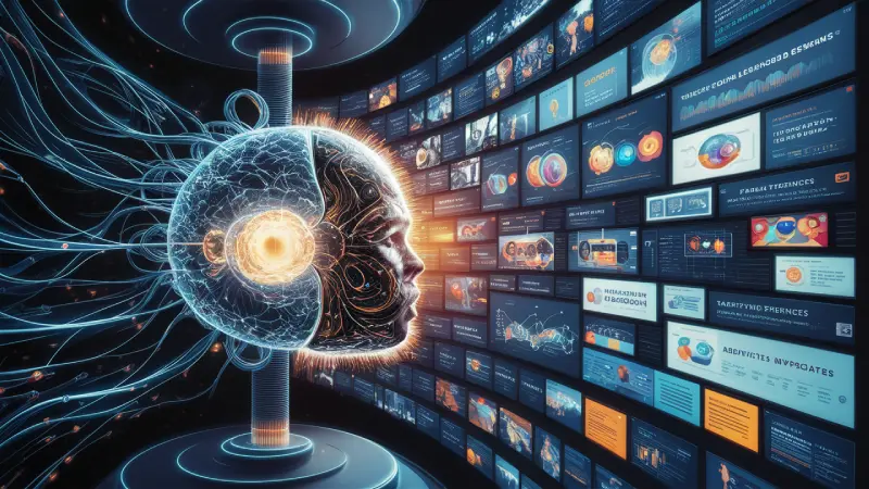 AI in Graphic Design .A digital representation of a human head with neural networks and a glowing eye, surrounded by floating screens displaying various types of data and information.