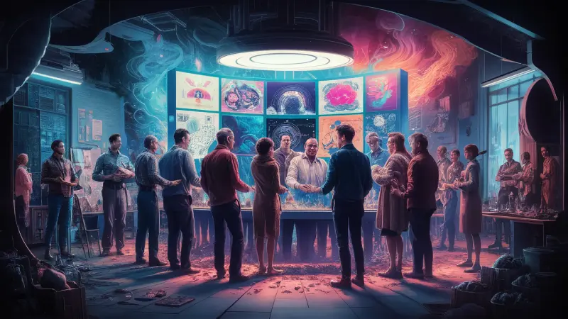 AI in Graphic Design. A group of people in a dimly lit, cluttered room, observing colorful and intricate images displayed on a large, illuminated screen, with an atmosphere of mystery and discovery.